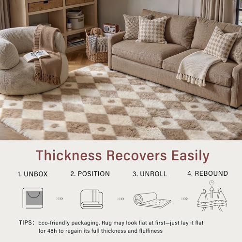 PureCozy Brown 4x6 Area Rug for Kids Room Soft Fluffy Checkered Shag Carpet - Image 6