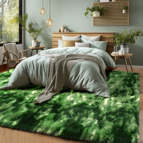 Fluffy Moss Green Rugs for Living Room 5x8, Modern Bedside Forest Carpets - Image 2
