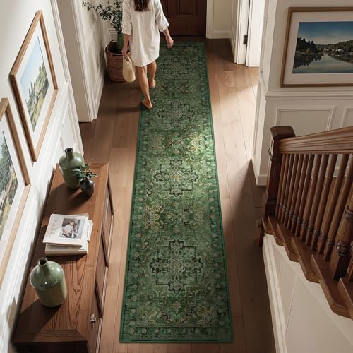 Dark Green 3x10 Long Hallway Runner Rug, Vintage Distressed Medallion Carpet Runners for Entryway, Low Pile Thin Runner Rug Non Slip Washable for Kitchen/Mudroom/Foyer/Bedroom - Image 3