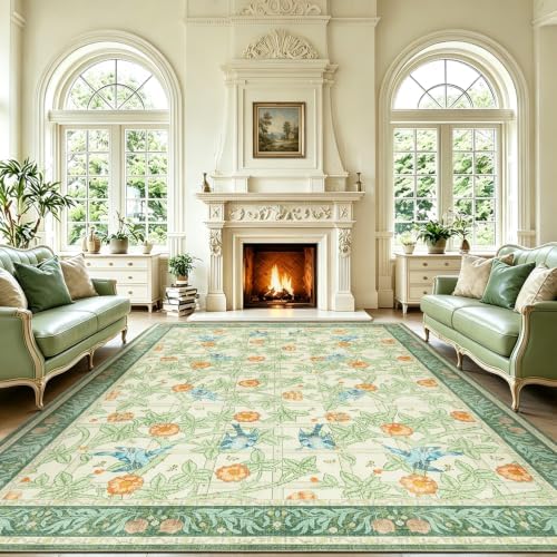 9x12 Large Area Rug, Green Floral Vintage Washable Rug for Living Room by LAISE