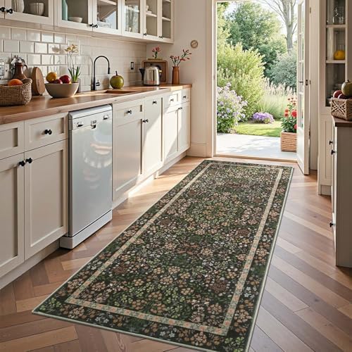 jinchan 3x8 Washable Hallway Runner Rug, Floral Non-Slip, Black by JINCHAN