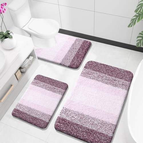 OLANLY Microfiber Bathroom Rugs Sets 3 Piece, Absorbent Bath Mats, Mauve by OLANLY