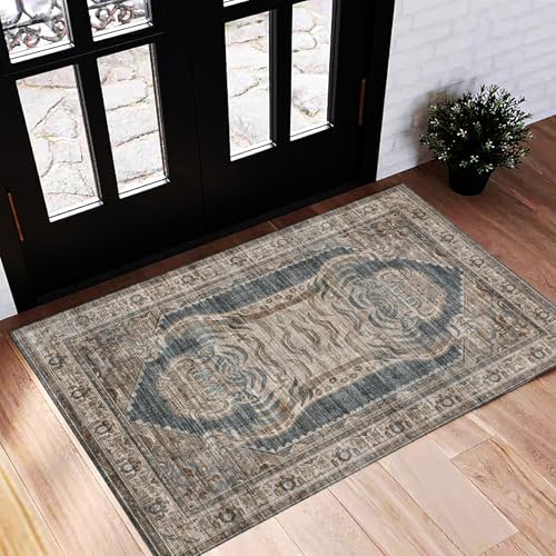 CHAMPLANT Washable Area Rug 2'x3' Door Mat Vintage Distressed Doormat Indoor Entrance Traditional Thin Rug Floral Print Non Slip Carpet for Kitchen Bathroom Bedroom Living Room by CHAMPLANT