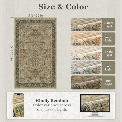 Retro Distressed 3x5 Area Rugs Washable Non Slip, Medallion Printed Small Foyer Throw Rugs for Entryway, Thin Carpet for Bedroom/Mudroom/Dorm/Bathroom/Kitchen/Closet, Multi Brown Olive Accents - Image 2