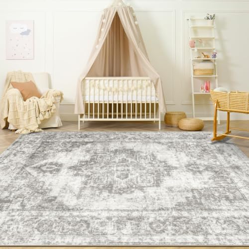Area Rug 4x6 Vintage Rugs: Washable Indoor Medallion Rug Low Pile Distressed Floor Carpet Retro Accent Rugs for Living Room Bedroom Kitchen Dining Table Home Office(Grey, 4'x6') by ZomfyRugs