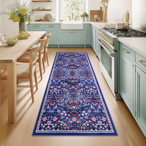 PLHXFR 2x6 Washable Runner Rug：Floral Indoor Kitchen Soft Carpet Blue by PLHXFRSoftAreaRugs