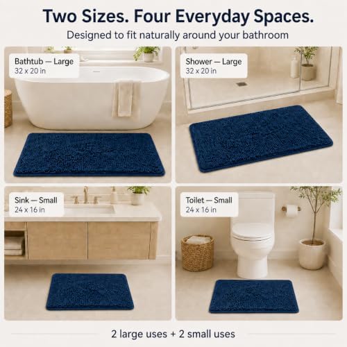 Non Slip Washable 2 Piece Extra Absorbent Shaggy Chenille Bathroom Rugs and Mats Sets, Soft & Dry Bath Rug/Mat Sets for Bathroom Washable Carpets Set Navy Blue Blue - Image 4