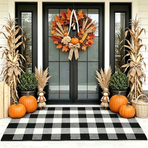 Cotton Buffalo Plaid Rug, 28x43 Black and White Checkered Outdoor Rug Front Door Decorative Mat, Washable Layered Area Rug for Front Porch, Entryway, Indoor, Patio by Unknown