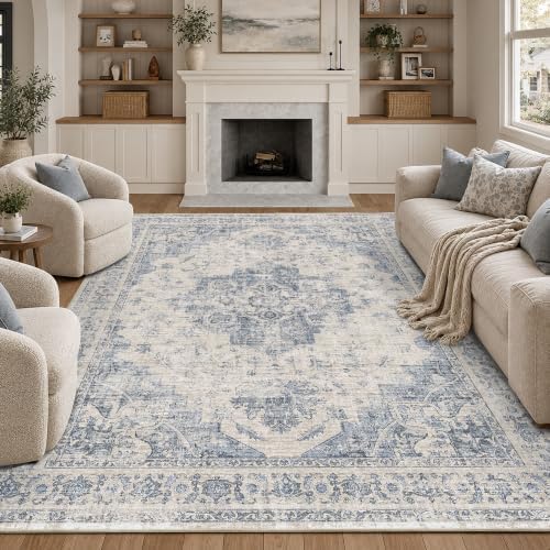 Washable 9x12 Bedroom Area Rug Soft Medallion Retro Blue Large Carpet - Image 2