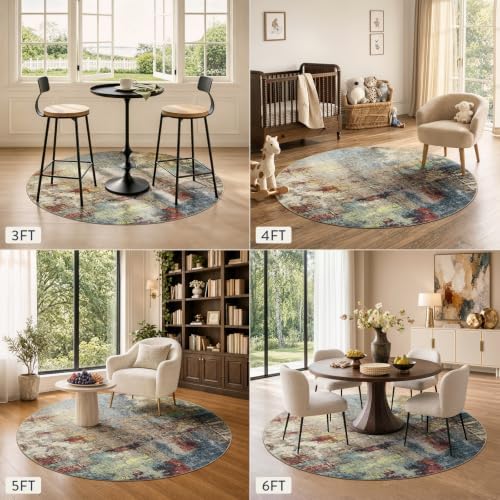 Lahome Modern Abstract Round Rug 4Ft - Washable 4x4 Circle Rugs for Living Room Bedroom Bathroom Non Slip, Soft Indoor Floor Carpet for Kitchen Entryway Family Room, Red/Multi - Image 3