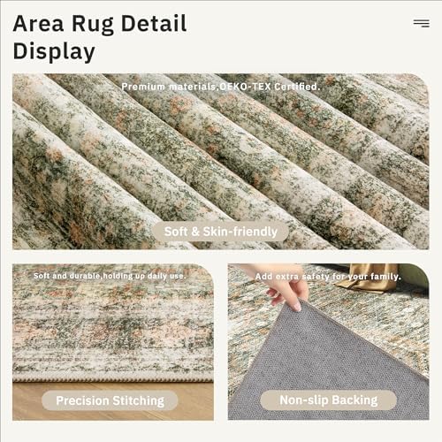 Soalmost 5x7 Area Rug Green/Orange Low Pile Washable Trendy Faded Style Rug - Image 6