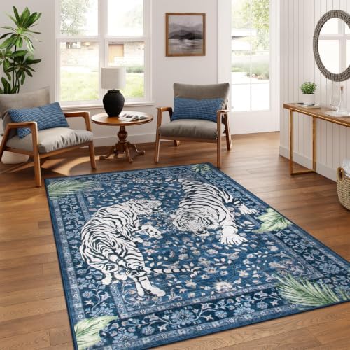 Moynesa Tiger Washable Area Rugs for Living Room, 5x7 Vintage Soft Rug for Bedroom, Non Slip Boho Botanical Ultra Thin Large Stain Resistant Throw Rug for Dining Guest Room, Blue by Moynesa