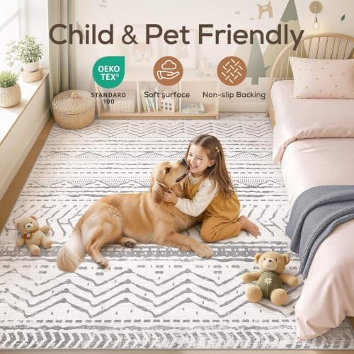 Nakagishi Area Rugs 9x12 Living Room: Washable Boho Large Neutral Modern Soft Farmhouse Rug Stain Resistant Indoor Non-Slip Accent Carpet for Bedroom Nursery Kids Playroom Office Dining Room- Gray - Image 4