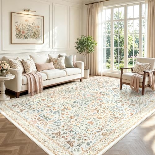 Tosuoka 6x9 Area Rugs Washable Vintage Floral Rug Boho Beige Neutral Carpet by Tosuoka