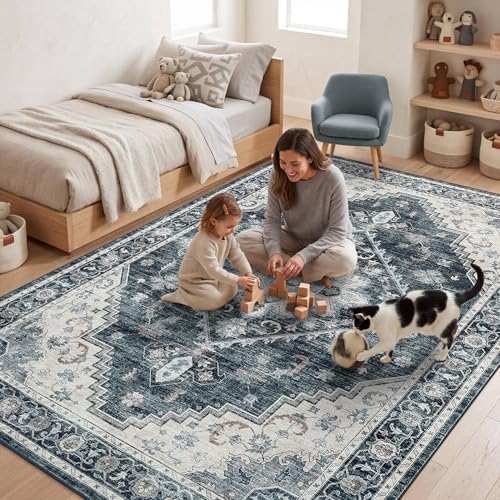 Garvee Navy Blue Boho Washable 4x6 Area Rug for Nursery Bedroom by Garvee