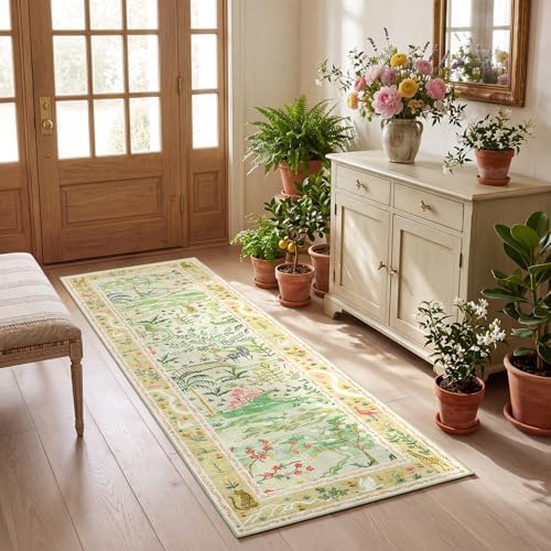 2x6 Hallway Runner Rug Non Slip Forest Nursery Runners Washable Stain Resistant Fairy Tale Whimsical Long Runner Carpets Girls Room Green Safari Animal Rugs for Living Room Kitchen Bedroom, Sage Green - Image 3