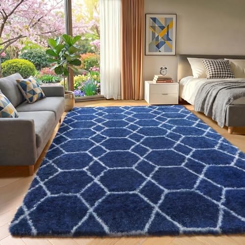 Area Rugs for Living Room, 5x8 Fluffy Navy and White Bedroom Geometric Rug - Image 6