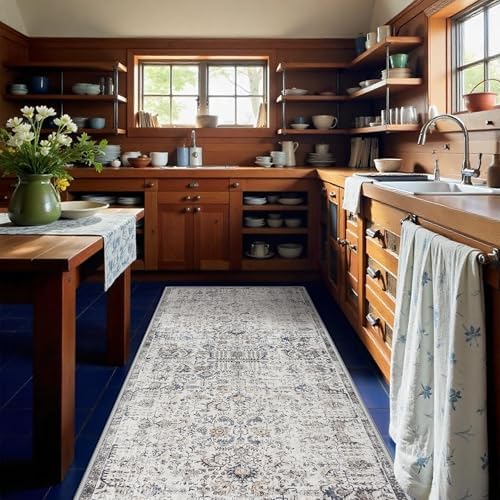 Washable 4x10 Hallway Runner Rug - Wide Kitchen Rugs with Non Slip Backing Living Room Bedroom Non Slip Stain Resistant Carpets Vintage Ultra Soft Floor Decoration Mat for Bathroom 4'x10' Brown by RUUGME
