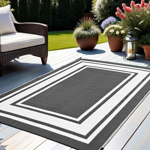 RURALITY Outdoor Rug 9x12 Waterproof for Patio Clearance,Large Plastic Straw Mat for Camping,Porch,RV,Reversible,Black and White - Image 3