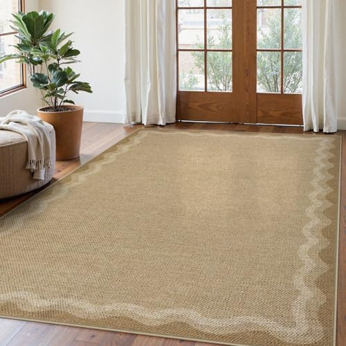 LIVEBOX Scalloped Washable Outdoor 5x7 Rug, Easy Jute Tan Rug for Living Room, Indoor Geometric Rug for Bedroom, Farmhouse Rugs Dining Room Mat Modern Carpet Area Rug for Patio Home Office Decor by LIVEBOX