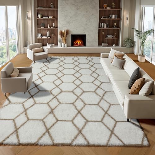 Area Rugs for Living Room, 7x10 Fluffy White and Beige Modern Bedroom Rug - Image 3
