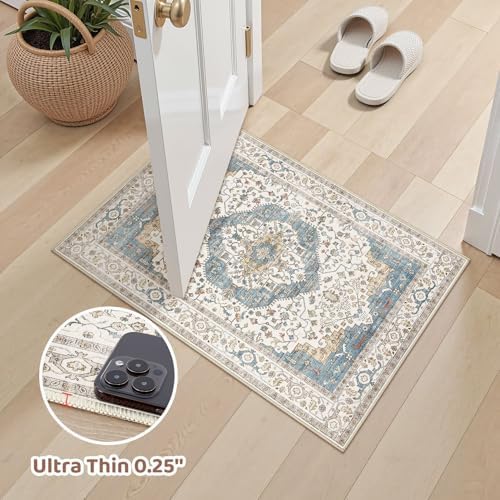 2x3 Washable Entryway Rug: Non-Slip Soft Small Indoor Area Rug for Bedroom Kitchen, Low Pile Stain-Resistant Durable Vintage Floral Carpet for Porch Laundry Kids Room Home Decor (Blue) - Image 6