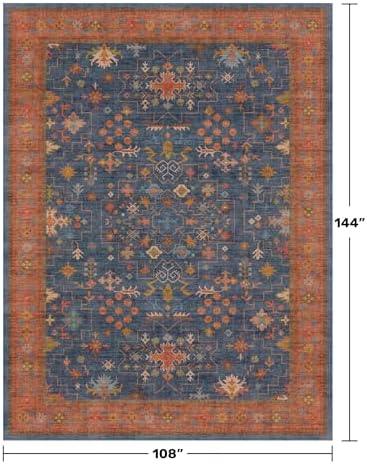 Navy Blue Area Rugs 9x12 Living Room, Dining Room Rugs for Under Table - Washable Low Pile Non-Slip Rugs for Bedroom - Vintage Boho Eclectic Home Decor - Ultra Soft Faux Wool Stain Resistance - Image 2