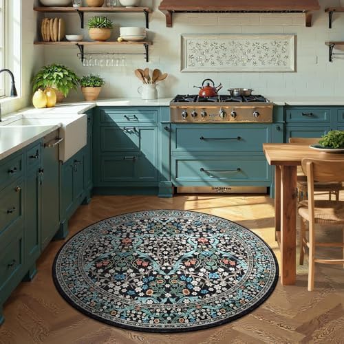 GarveeHome Black Floral 4 ft Round Rug Washable Non-Slip Soft Low Pile Small Circle Carpet Vintage Rugs for Kitchen Bedroom Nursery Dining Living Room - Image 2