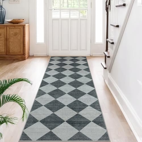 Beeiva Checkered Print Hallway Runner Rug 2.5x8, Ultra Thin Kitchen Runner Rugs Non Skid Washable 8ft, Moroccan Plaid Design Floor Carpet for Entryway Bedroom Bedroom, Gingham Geometric Home Decor by Beeiva