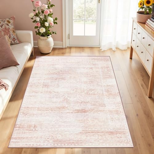 3x5 Entryway Pink Area Rugs, Vintage Floral Washable Cute Rugs by LatteFog