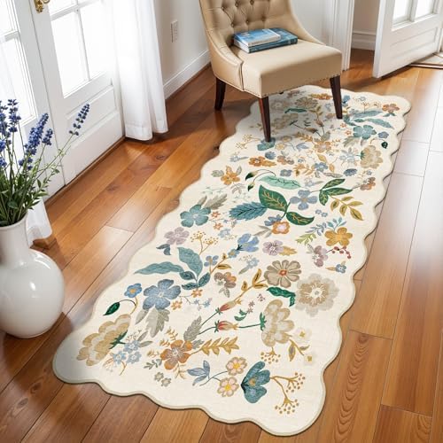 3x6 Runner Rug Machine Washable: Floral Carpet Runner for Hallway Cream by BYYVOORugsforYourHome