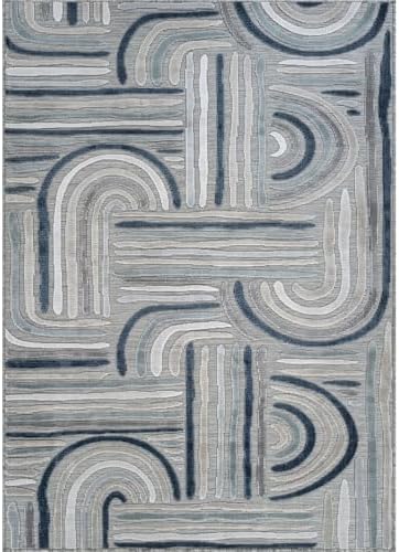 CAMILSON Indoor Outdoor Rug, Blue 5x7 Geometric Arch Striped Area Rugs for Patio and Home Areas, Easy-Cleaning Non-Shedding Living Room, Garden and Deck Washable Outside Carpet (5 x 7) - Image 2