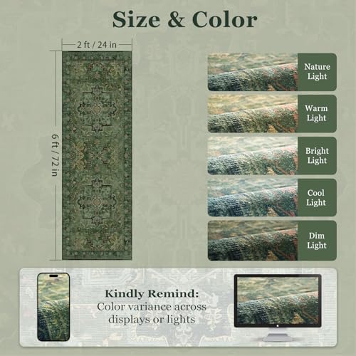 Dark Green Tranditional 2x6 Kitchen Runners Washable Non Slip, Low Pile Vintage Distressed Medallion Printed Carpet Runners for Hallway 6ft Indoor Entryway/Bedroom Bedside/Laundry Room/Bathroom - Image 2