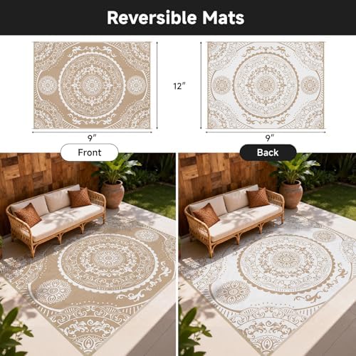 Pauwer Waterproof Outdoor Rug 9x12, Plastic Straw Patio Mat, Paisley Brown - Image 2
