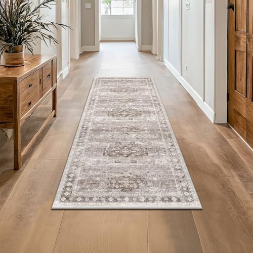 Hazo Haus Boho 2x7 Long Runner, Neutral Farmhouse Hallway Rug, Small Throw Runners for Bedroom, Bathroom, Kitchen, Vintage Floral Decor & Non-Slip Low-Pile Washable Stain Resistant, Latte Beige by HazoHaus
