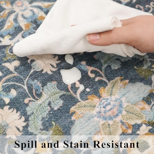 4x8 Washable Kitchen Area Rug: Farmhouse Stain-Resistant Elegant Floral Rug for Living Room Bedroom Wide Soft Carpet for Entryway Bathroom Thin Hallway Floor Mat with Non Slip Backing(4x8,Floral/Blue) - Image 6