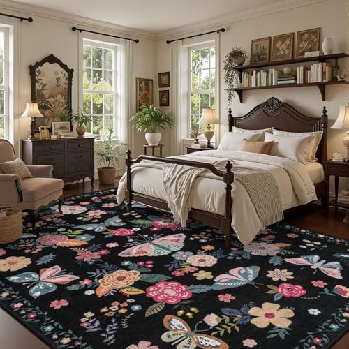 Area Rug 9x12 Living Room: Soft Floral Washable Boho Carpet Black - Image 3