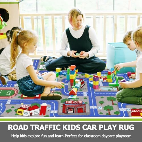 Capslpad Blue Car Road Kid Rug Carpet Playmat for Playoom Traffic Road Kids Play Mat for Toddler Non Slip Washable City Map Race Track Carpet Rug for Kids Room Playroom Classroom Decor,6.6'x9.8' - Image 6
