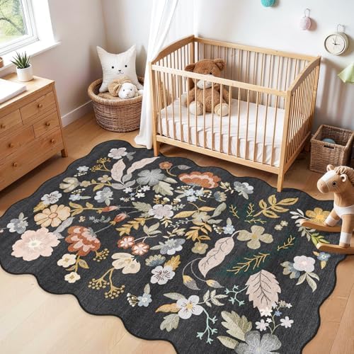 Scalloped Area Rugs 5x7: Non-Slip Washable Living Room Rug Black - Image 2