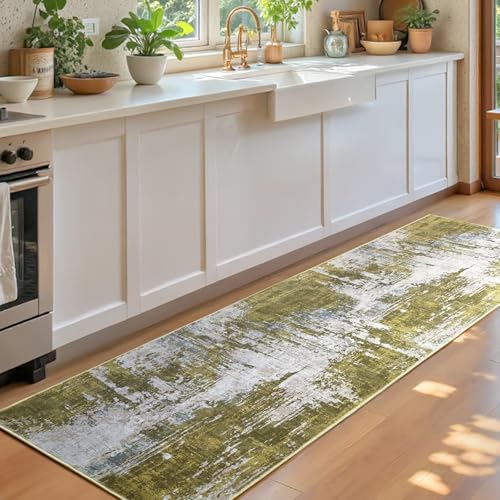 2x6 Sage Green Rug Runners for Hallways Kitchen Runner Rug Non Slip Washable Long Runner Rugs with Rubber Backing Soft Abstract Carpet Runner for Hallways, Kitchen, Bathroom, Entryway - Image 2