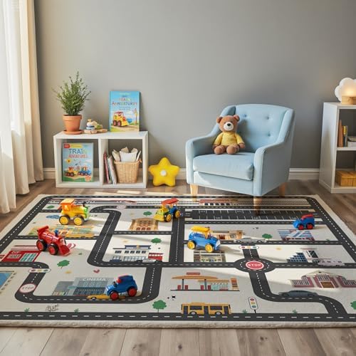 Nayoroom Kids Car Road Playroom Rug, Faux Wool City Map, Non-Slip, 3 x 5 ft - Image 2
