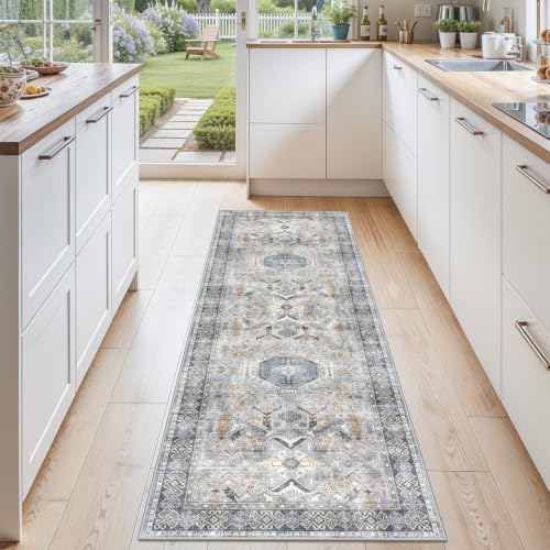 Washable 2x6 Kitchen Runner Rug - Hallway Rugs Low Pile Entryway Carpet Vintage Farmhouse Soft Thin Non-Slip Stain Resistant Indoor Floor Mat Home Decor for Bedroom Laundry Room(Grey/Blue, 2x6) by RUUGME
