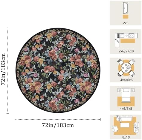 Washable 6ft Round Area Rug, Navy Boho Floral Non-Slip for Living Room - Image 2