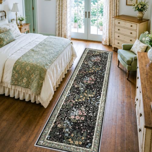 Washable Long Runner Rug 3x12: Vintage Botanical Runner for Large Hallway Office Gallery - Machine Washable Non Slip Low Pile Carpet - Soft Foldable Rug for Busy Indoor Spaces - 3'x12' Black - Image 3