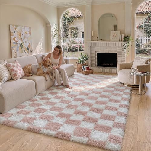PureCozy Pink Area Rug 7x10 for Living Room Soft Checkered Shag Carpet - Image 2