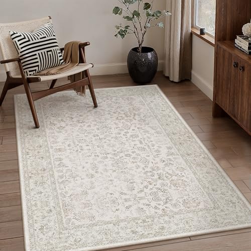 PureCozy 4x5 Beige White Area Rug Washable Non Slip Vintage Carpet - Image 3
