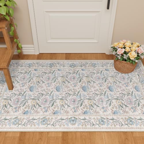 DUKINO 2x4 Rug, Washable Vintage Floral Entryway Rug Non Slip, Cream Blue - Image 5