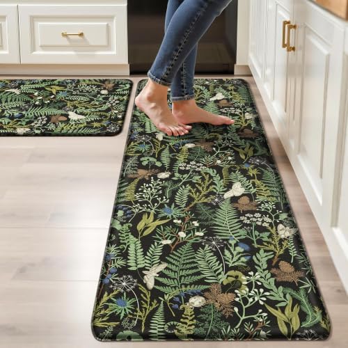 2PC Botanical Kitchen Rugs Set, Black Green, 17.3"x28" + 17.3"x59" by Keensoft