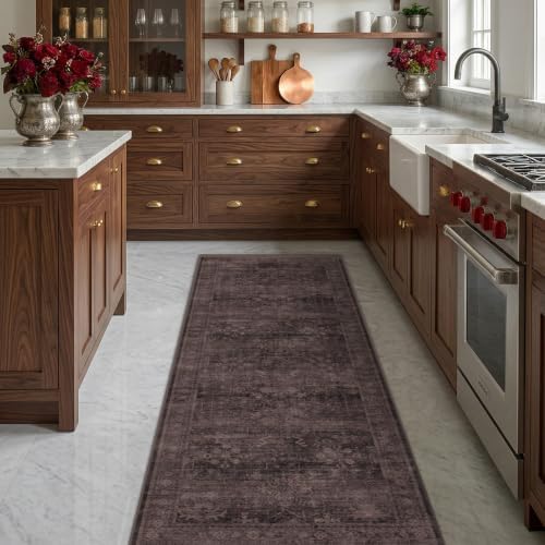 Washable 2x6 Runner Rug for Hallway, Dark Taupe Brown Low Pile Non-Slip Long Kitchen Runner Rugs for Bathroom Laundry Room, Boho Vintage Traditional Eclectic Stain Resistant Carpet - Image 3