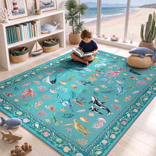 Arenarug 8x10 Washable Living Room Area Rug, Coastal Ocean Rug, Teal - Image 3